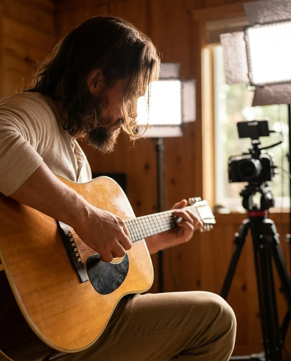 An artist preparing a live show performance at home