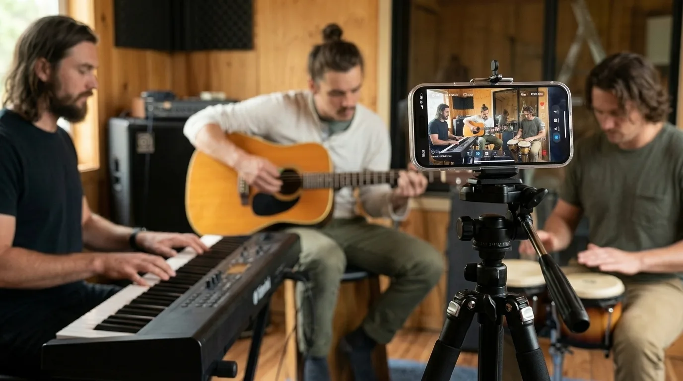 A band performing on keys, guitar and percussion, filmed live on the OpenMic app