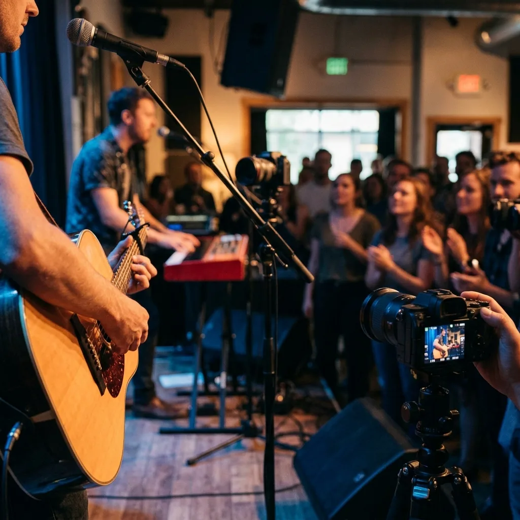 A musician performing live to a ticket-holding crowd